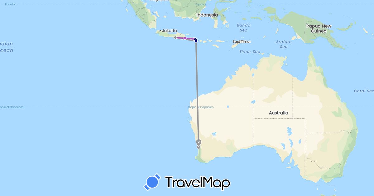 TravelMap itinerary: driving, plane, train in Australia, Indonesia (Asia, Oceania)